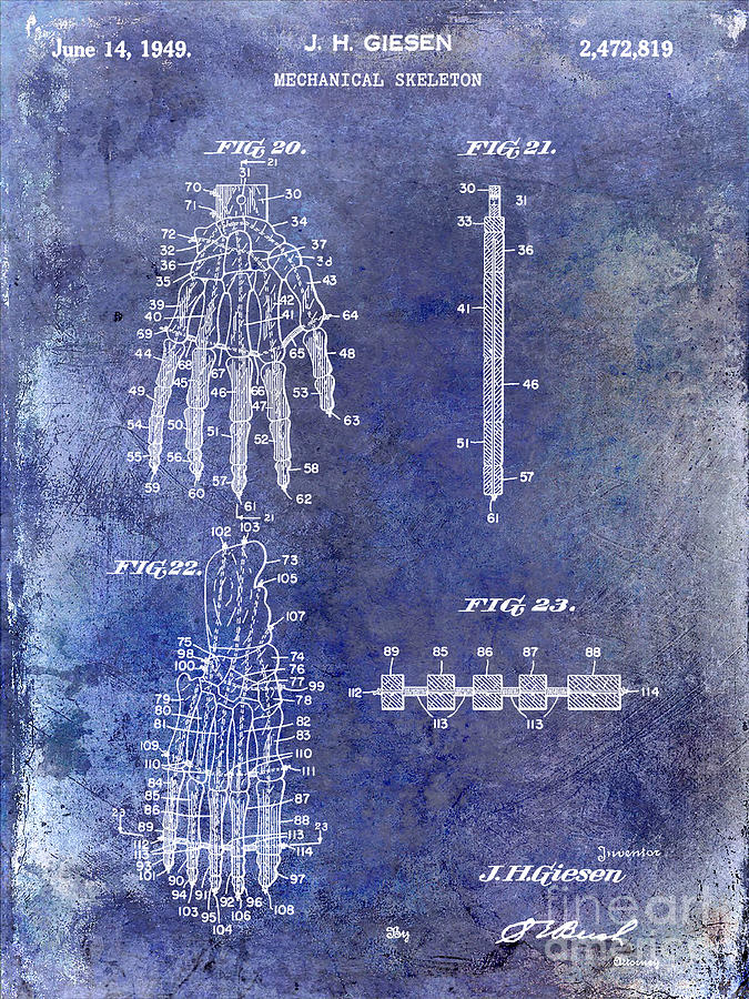 Skeleton Photograph - 1911 Mechanical Skeleton Patent Blue by Jon Neidert