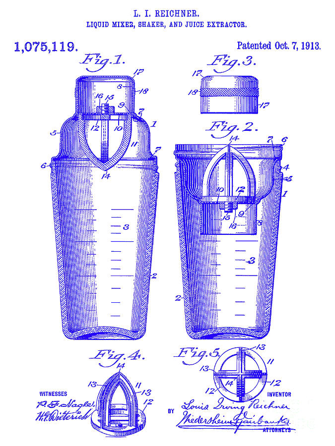 1913 Cocktail Shaker Patent Blueprint Photograph by Jon Neidert