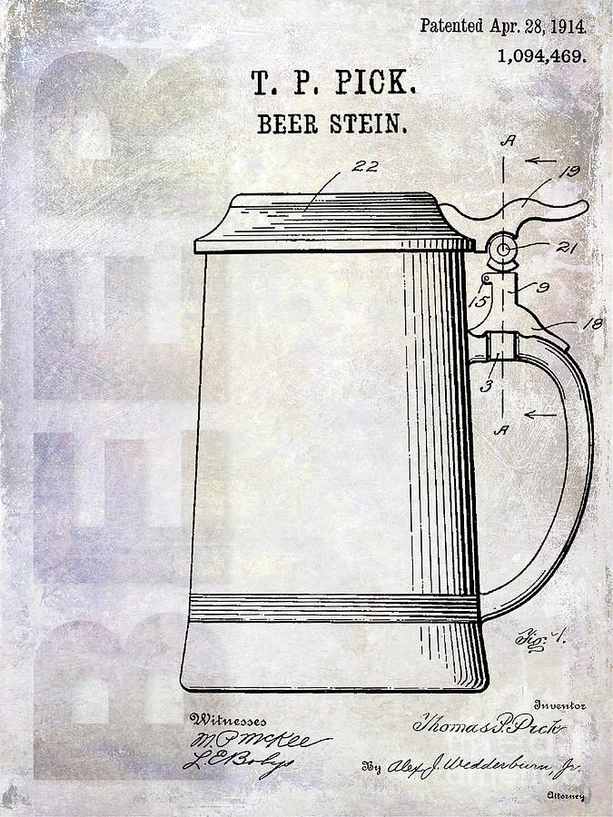 Beer Photograph - 1914 Beer Stein Patent #2 by Jon Neidert