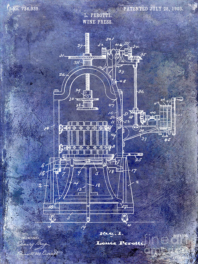 Wine Photograph - 1922 Wine Press Patent Blue by Jon Neidert