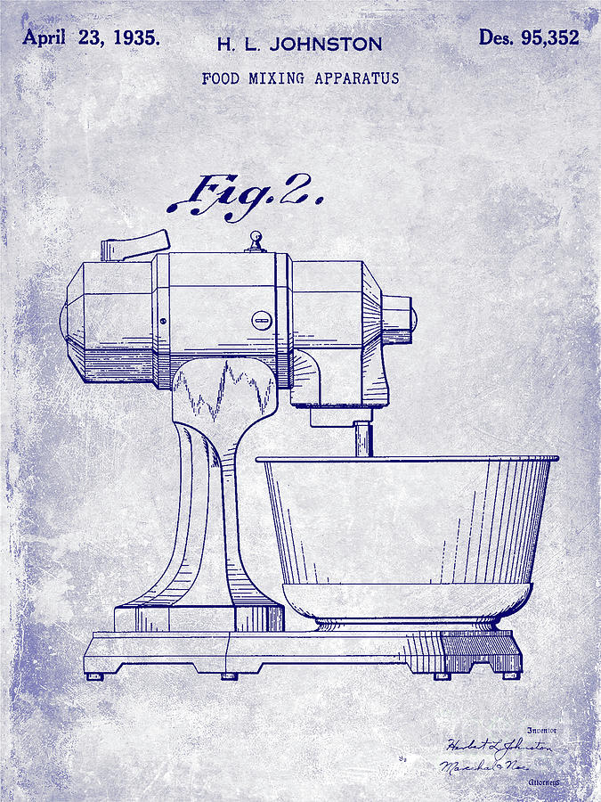Blue Photograph - 1935 Food Mixing Apparatus Patent Blueprint by Jon Neidert