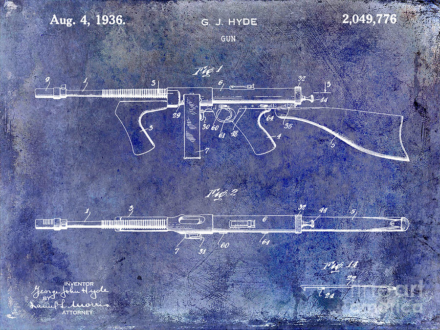 1936 Gun Patent Blue Photograph by Jon Neidert