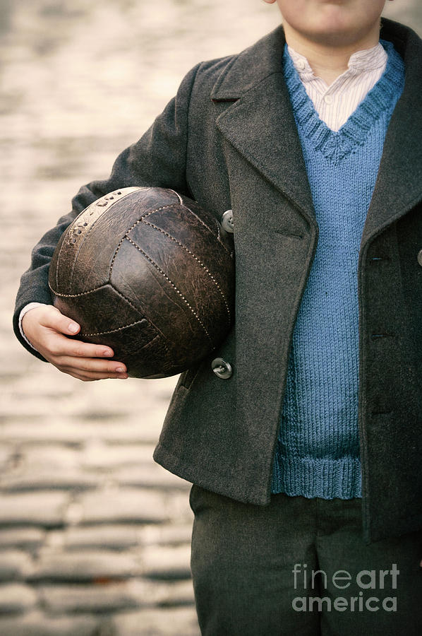 1940s Boy Holding A Vintage Leather Football Photograph by Lee Avison