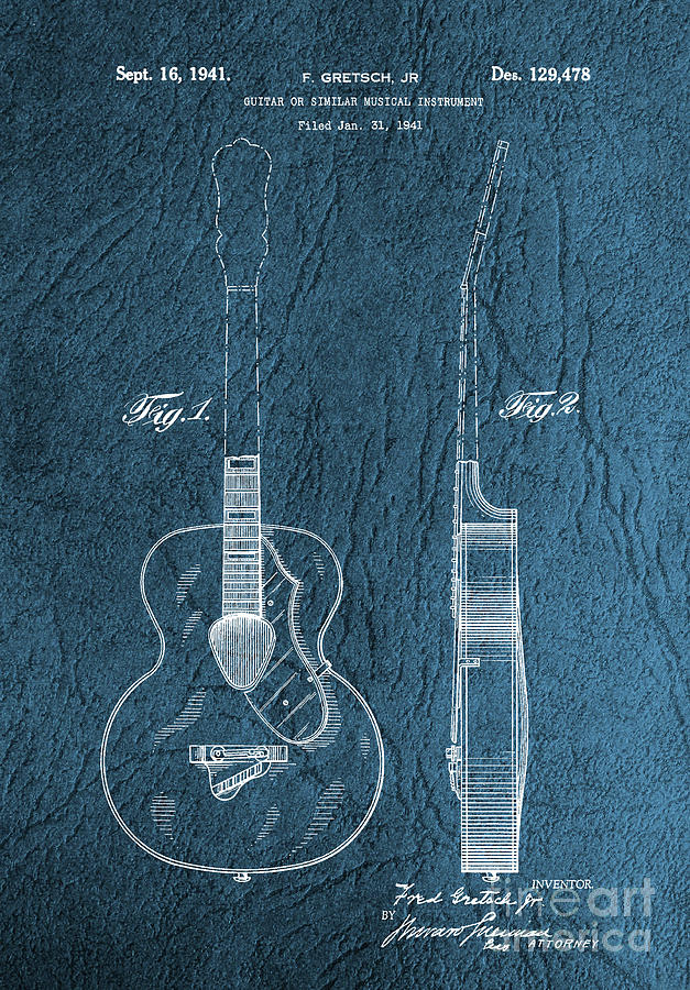 1941 Gretsch Guitar Patent Drawing - Vintage Photograph by Doc Braham