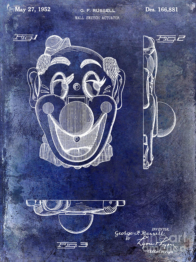Clown Photograph - 1952 Clown Light Switch Patent Blue by Jon Neidert