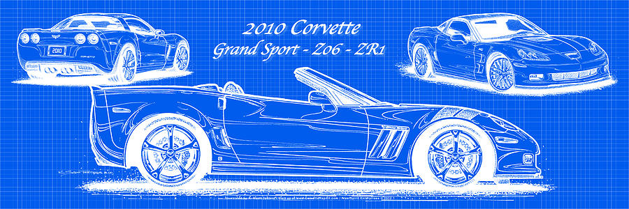 2010 Corvette Drawing - 2010 Corvette Grand Sport - Z06 - ZR1 Reverse Blueprint #1 by K Scott Teeters