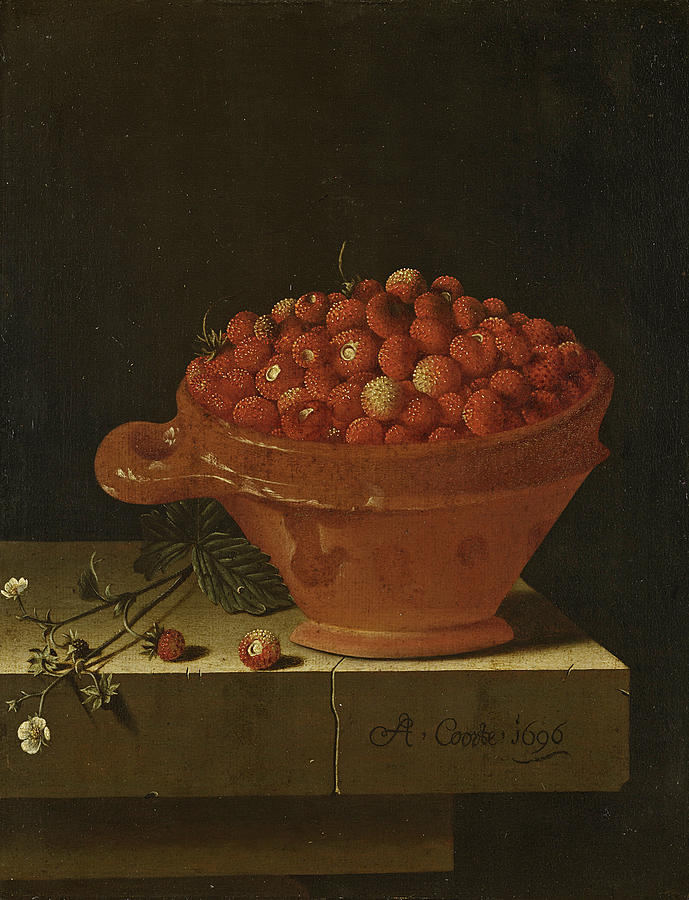 A Bowl of Strawberries on a Stone Plinth #2 Painting by Adriaen Coorte