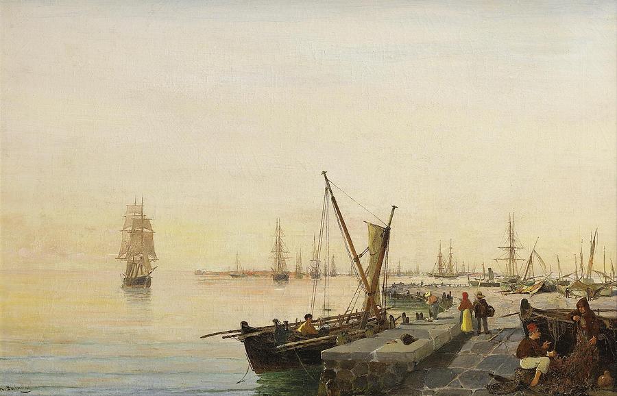 A Busy Harbour Painting