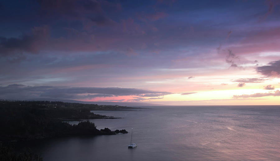 Nature Photograph - A Catamaran in Honolua Bay at Sunset, Maui, Hawaii #1 by Derrick Neill