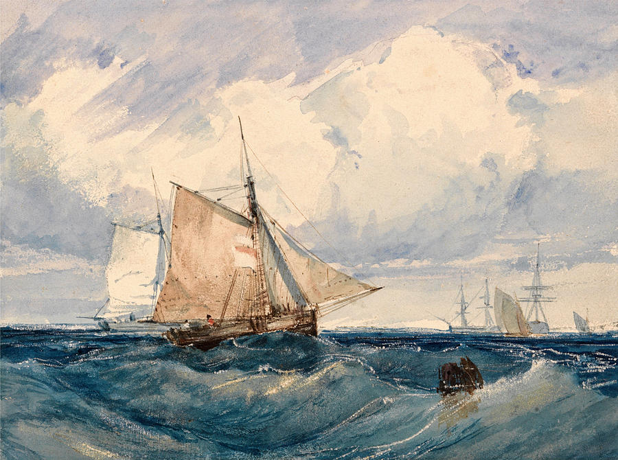 A Cutter and other shipping in a Breeze #2 Drawing by Richard Parkes Bonington