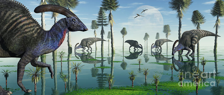 Dinosaur Digital Art - A Group Of Parasaurolophus Duckbill #1 by Mark Stevenson