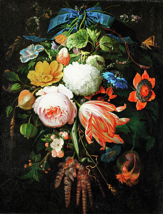 Nature Painting - A Hanging Bouquet of Flowers #1 by Abraham Mignon