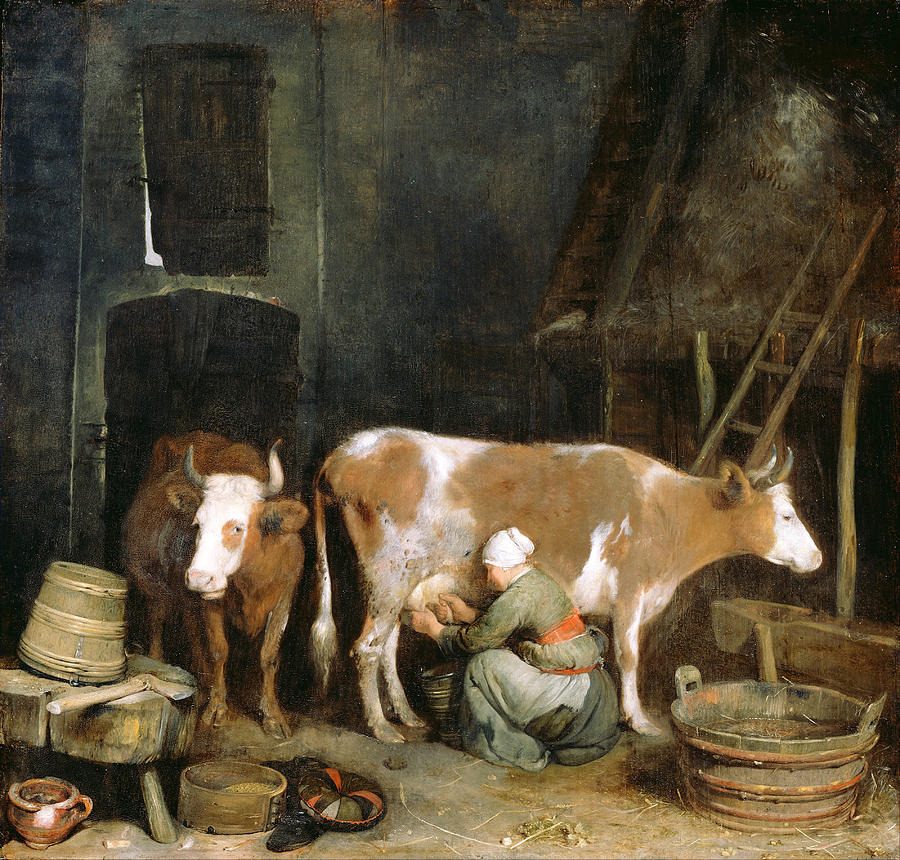 A Maid Milking a Cow in a Barn #5 Painting by Gerard ter Borch