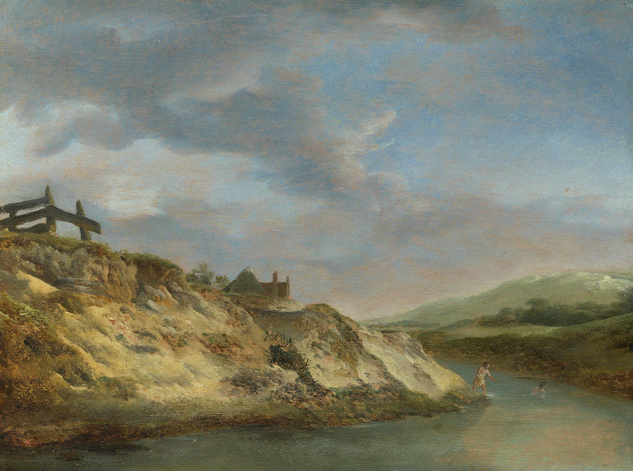 Mountain Painting - A Stream in the Dunes, with Two Bathers #1 by Philips Wouwerman