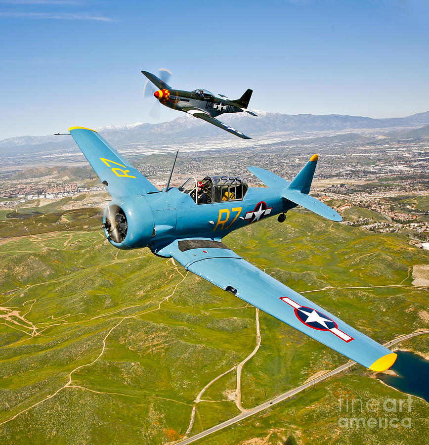Transportation Photograph - A T-6 Texan And P-51d Mustang In Flight #1 by Scott Germain