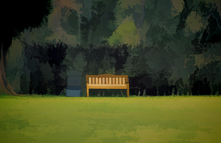 A trash can and wooden benches in a small grassy area #1 Photograph by Ashish Agarwal