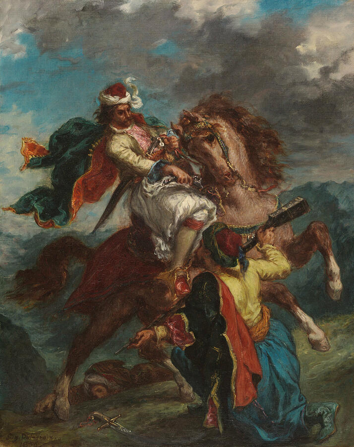 A Turk Surrenders to a Greek Horseman #3 Painting by Eugene Delacroix
