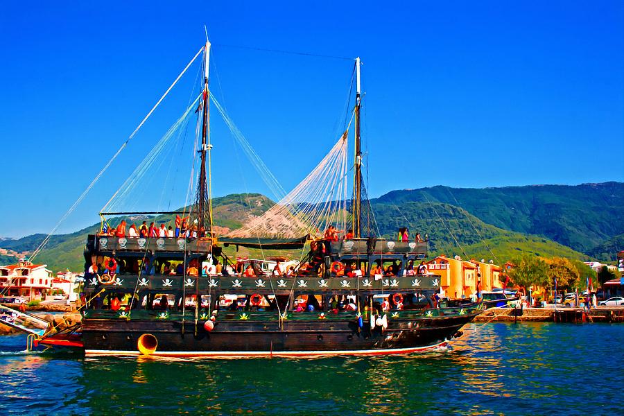 A Turkish Gulet cruise boat on the Aegean Sea Digital painting with ...