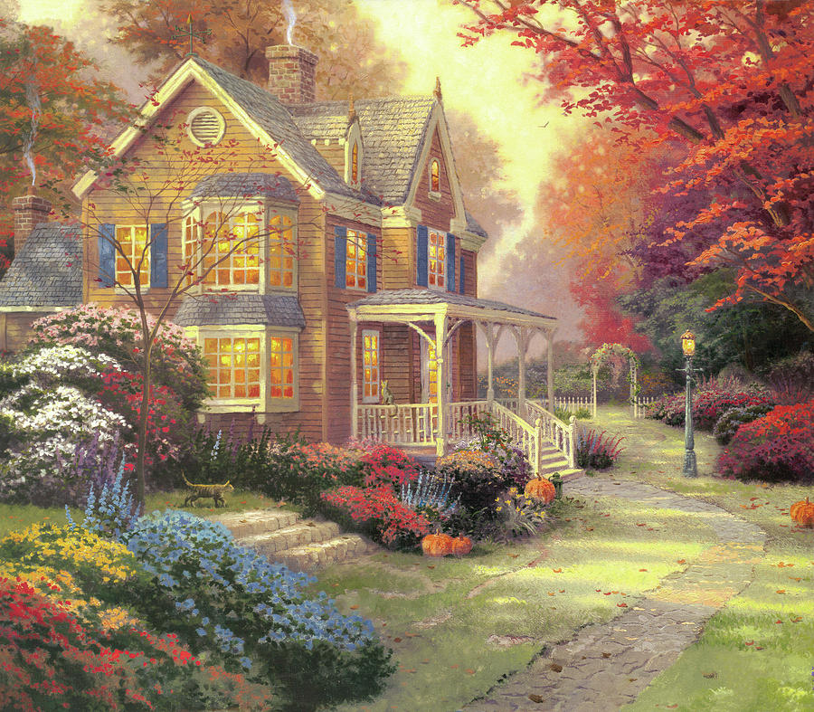 A Villa In The Fall Woods Painting by Thomas Kinkade