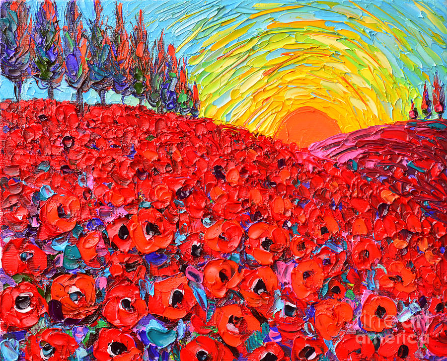 Poppy Painting - Abstract Landscape Tuscany Poppy Hills At Sunset by Ana Maria Edulescu