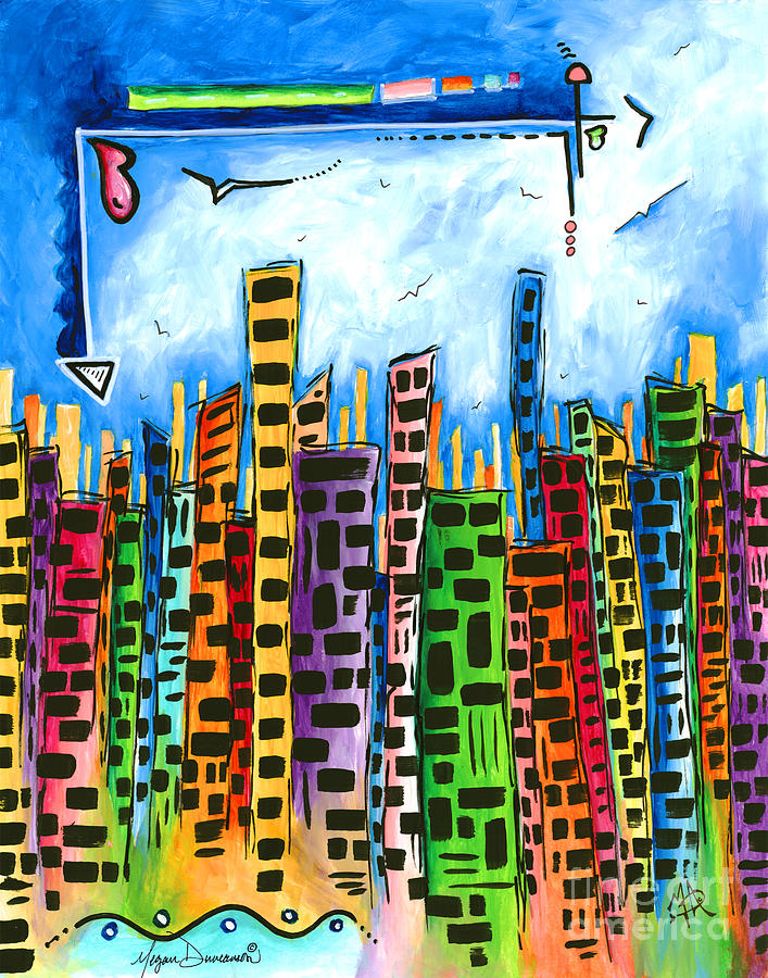 Abstract Painting - Abstract PoP Art Style Unique Cityscape Skyline Painting by Megan Duncanson by Megan Aroon