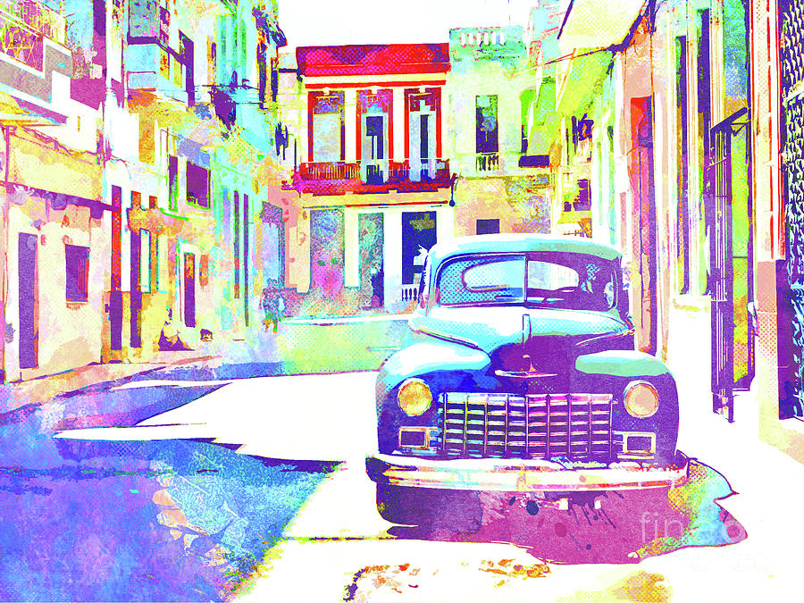 Abstract Watercolor - Havana Cuba Classic Car III Painting by Chris Andruskiewicz