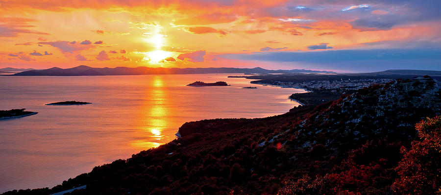 Adriatic town of Pakostane aerial sunset view #1 Photograph by Brch Photography