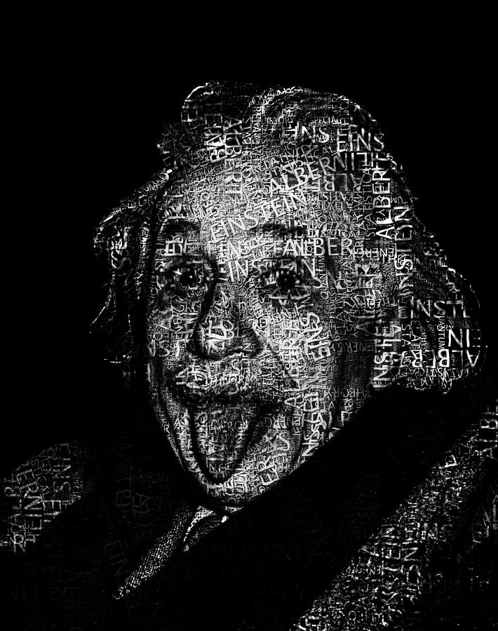 Albert Einstein Digital Art - Albert Einstein Text Portrait - Typographic face poster with the published scientific article names #1 by SP JE Art