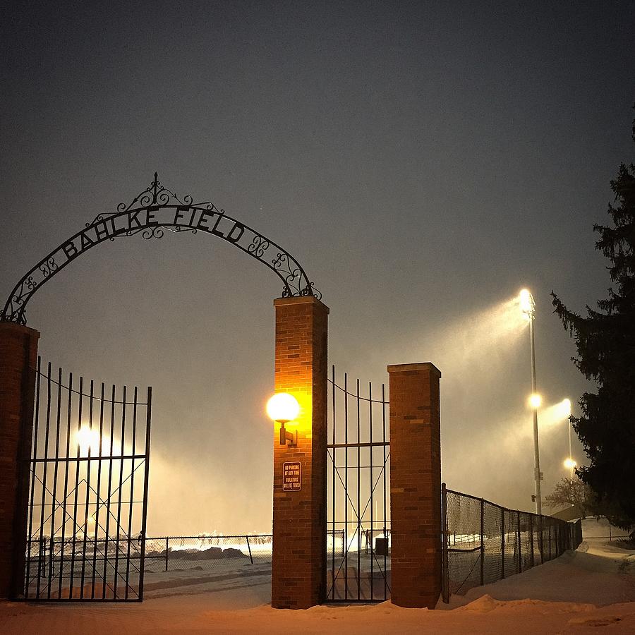 Alma College Bahlke Field Snow at Night #2 Photograph by Chris Brown