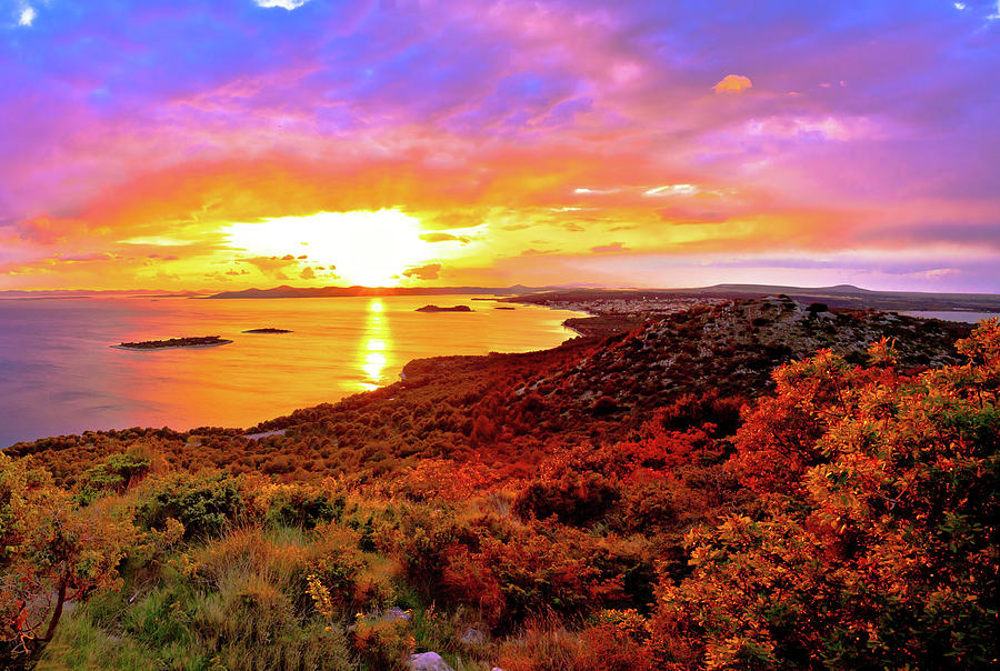 Amazing colorful sunset panorama of Pakostane archipelago #1 Photograph by Brch Photography