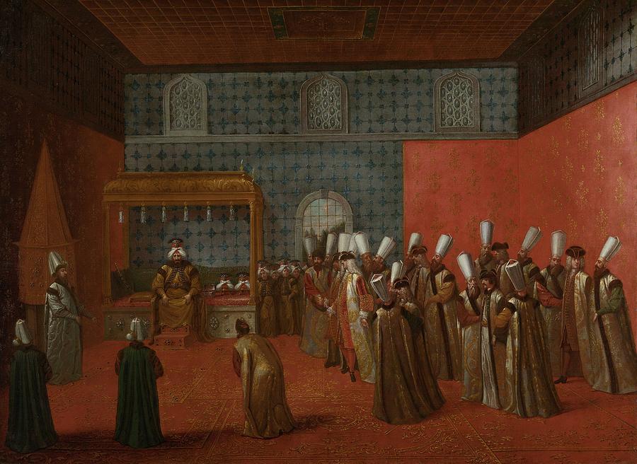 Ambassador Cornelis Calkoen at his Audience with Sultan Ahmed III #1 Painting by Jean Baptiste Vanmour