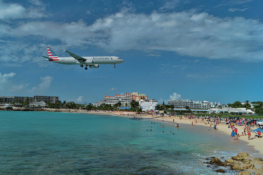 American Airlines landing at St. Maarten airport #1 Photograph by David Gleeson