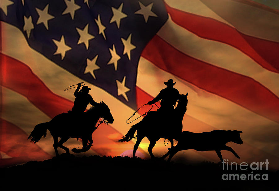 American Cowboy, Team Ropers with American Flag Photograph by Stephanie Laird