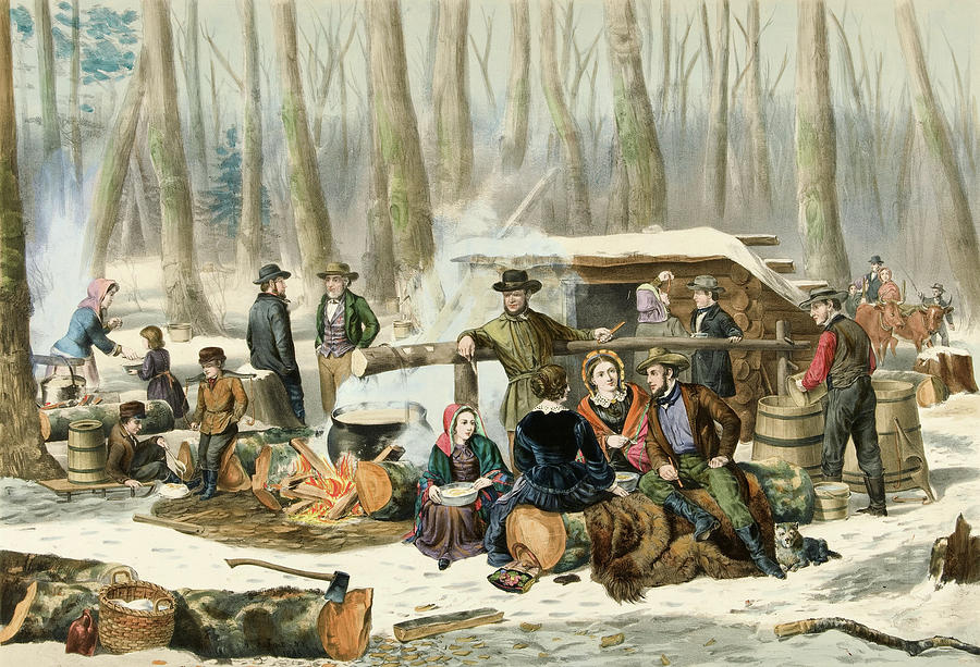 Currier And Ives Painting - American Forest Scene Maple Sugaring by Currier and Ives