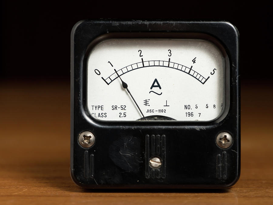 An Old Black Analog Ampere Meter On A Wooden Table Photograph