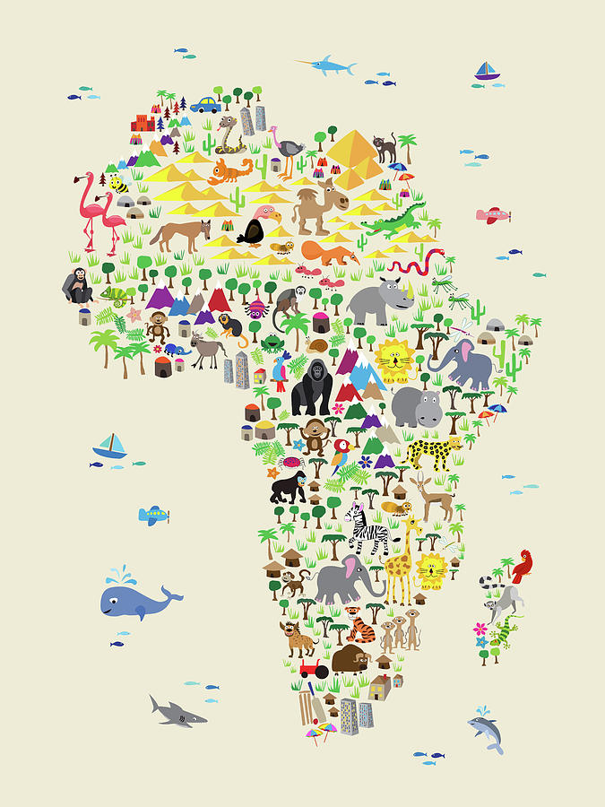 Animal Digital Art - Animal Map of Africa for children and kids #1 by Michael Tompsett