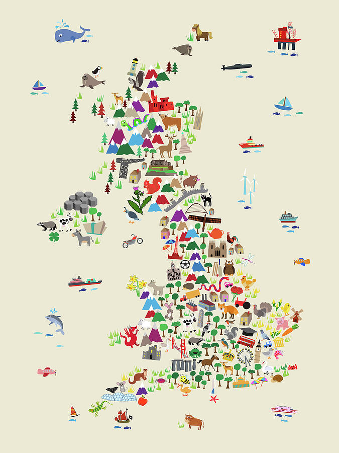 Animal Map of Great Britain for children and kids #1 Digital Art by Michael Tompsett