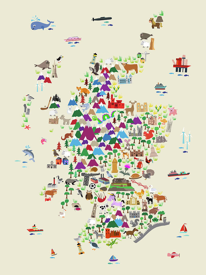 Animal Map of Scotland for children and kids #1 Digital Art by Michael Tompsett