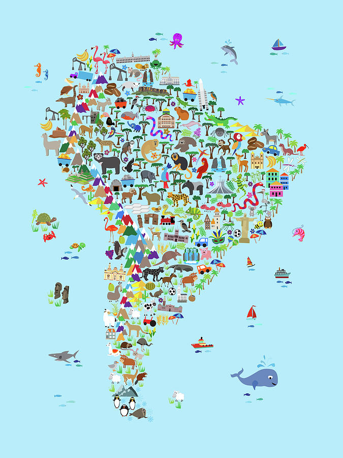 Animal Map of South America for children and kids #1 Digital Art by Michael Tompsett
