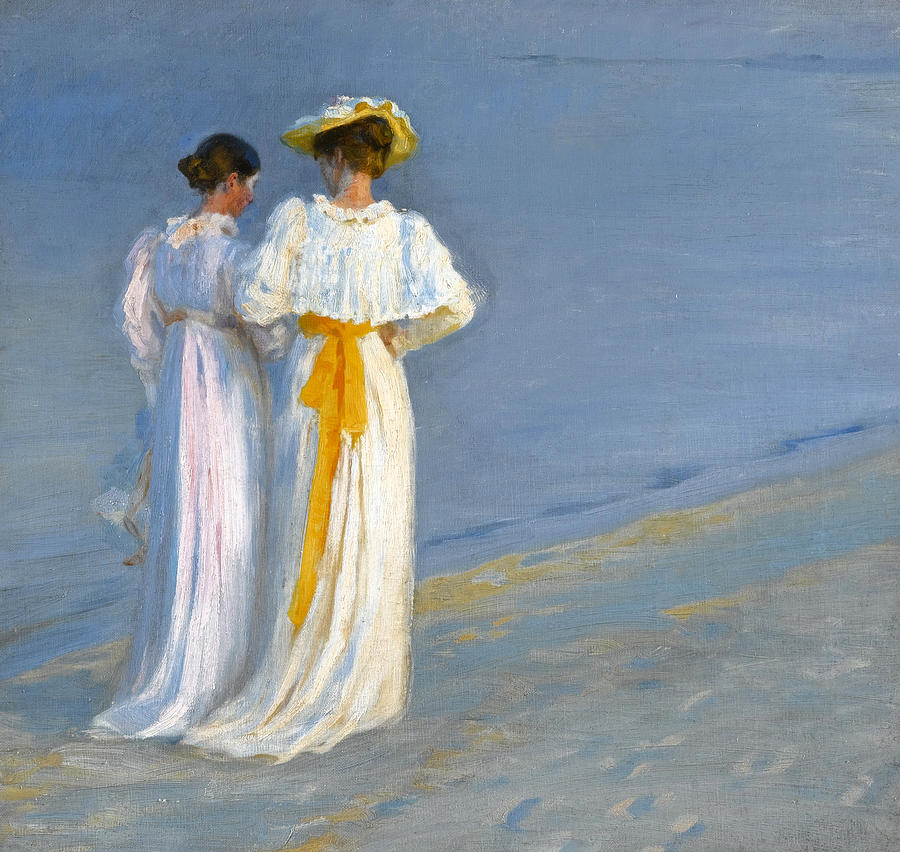 Anna Ancher and Marie Kroyer on the Beach at Skagen #2 Painting by Peder Severin Kroyer