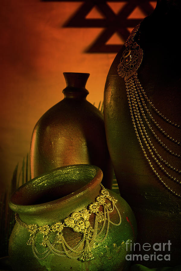 Antique jewelry set mounted on pot #1 Photograph by Kiran Joshi