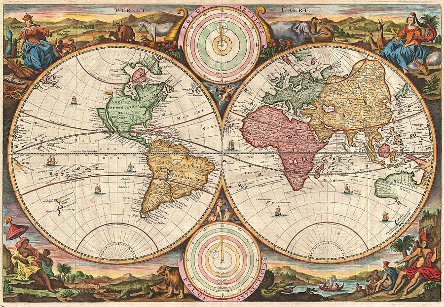Antique Maps - Old Cartographic Maps - Antique Map Of The World, Double Hemisphere, Globe Drawing