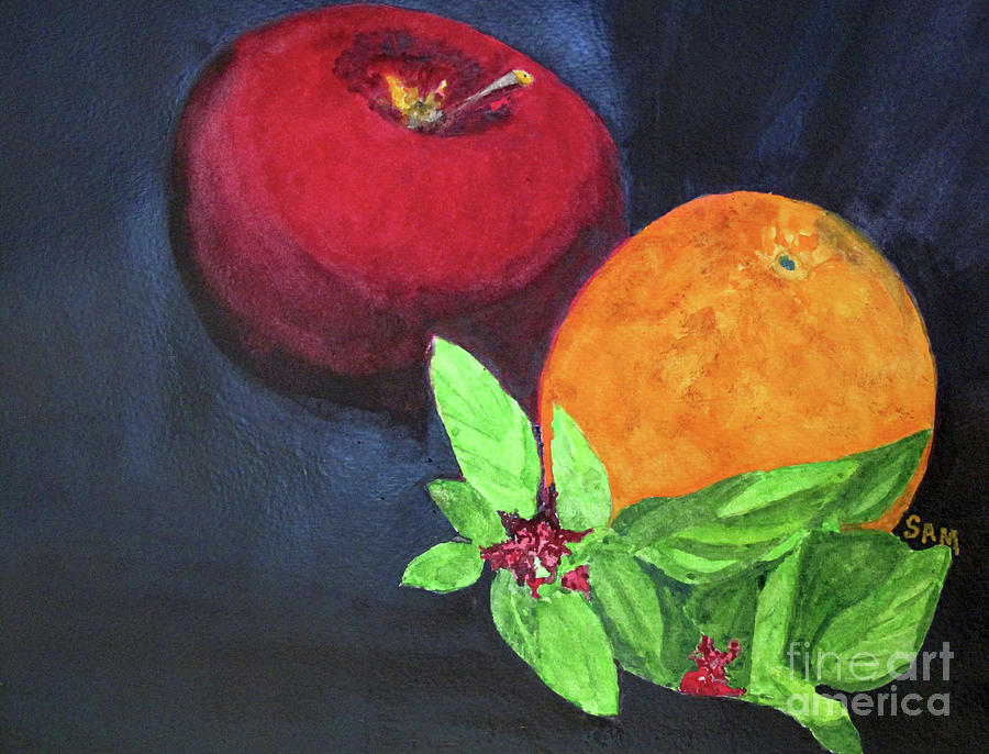 Apple, Orange and Red Basil #1 Painting by Sandy McIntire