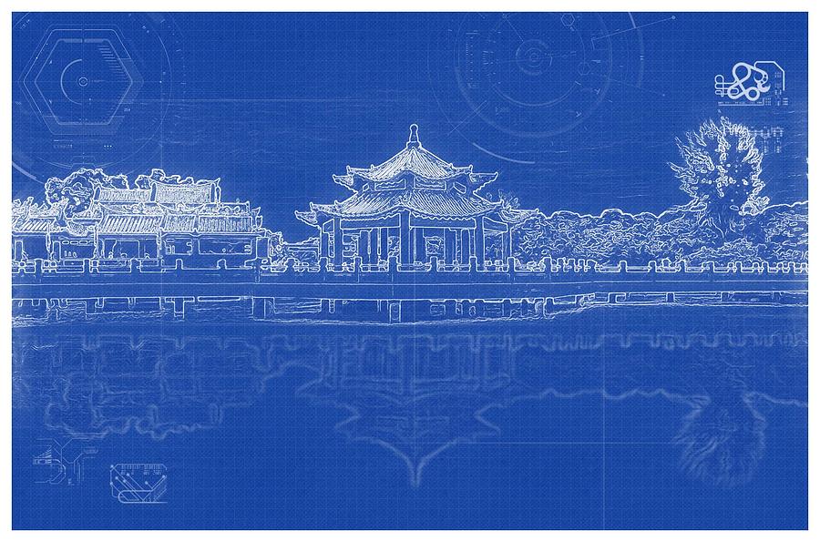 Archtectural Blueprint Drawing - Chinese Temple #1 Painting by Celestial Images