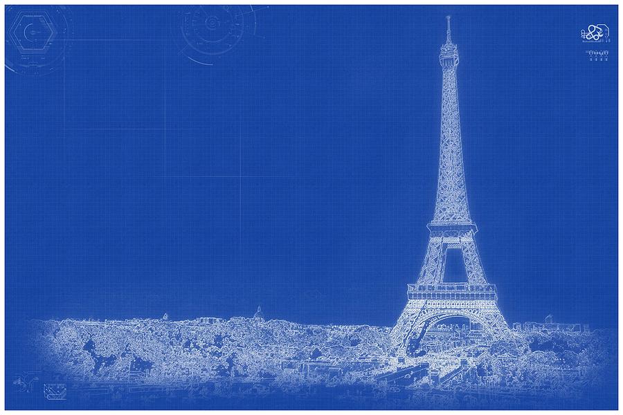 Archtecture Blueprint - Eiffel Tower, Paris France #1 Painting by Celestial Images