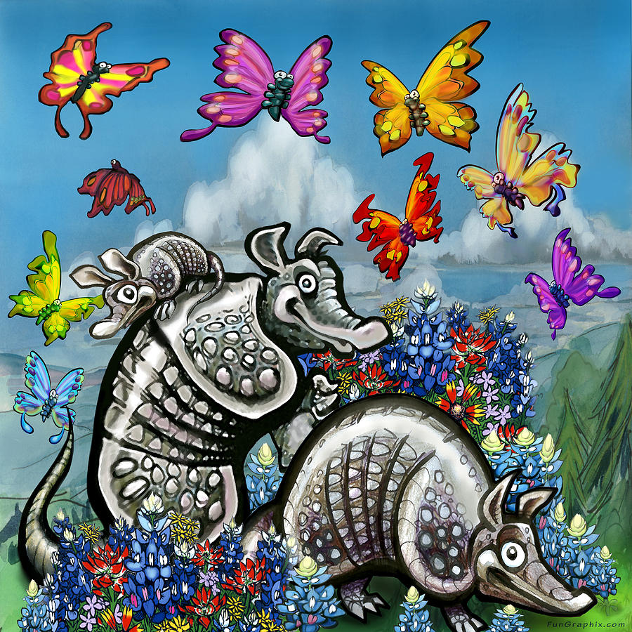 Armadillos Bluebonnets and Butterflies Digital Art by Kevin Middleton