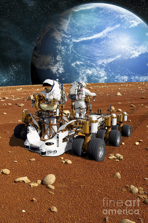 Science Fiction Photograph - Astronauts Explore A Barren Moon #1 by Marc Ward