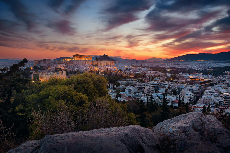 Athens skyline sunrise #1 Photograph by Songquan Deng
