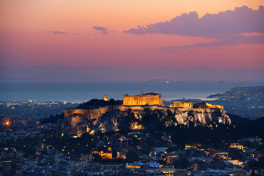 Athens skyline sunset from Mt Lykavitos #1 Photograph by Songquan Deng