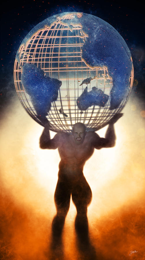 Titan Digital Art - Atlas and the luminous universe by Quim Abella